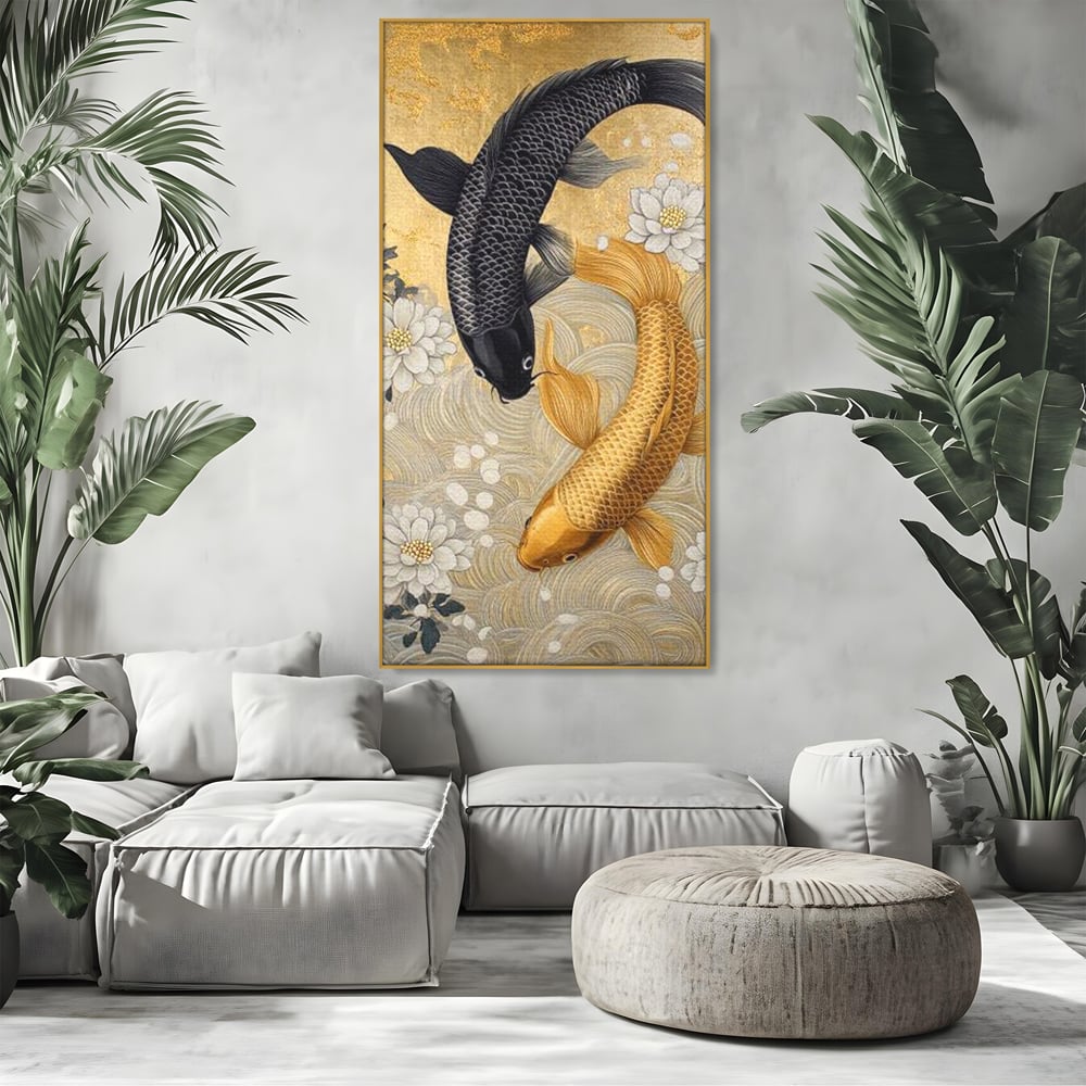 Tablou canvas cu tablou canvas cu doi pesti koi, in rama de aluminiu auriu, pe perete intr-un living
